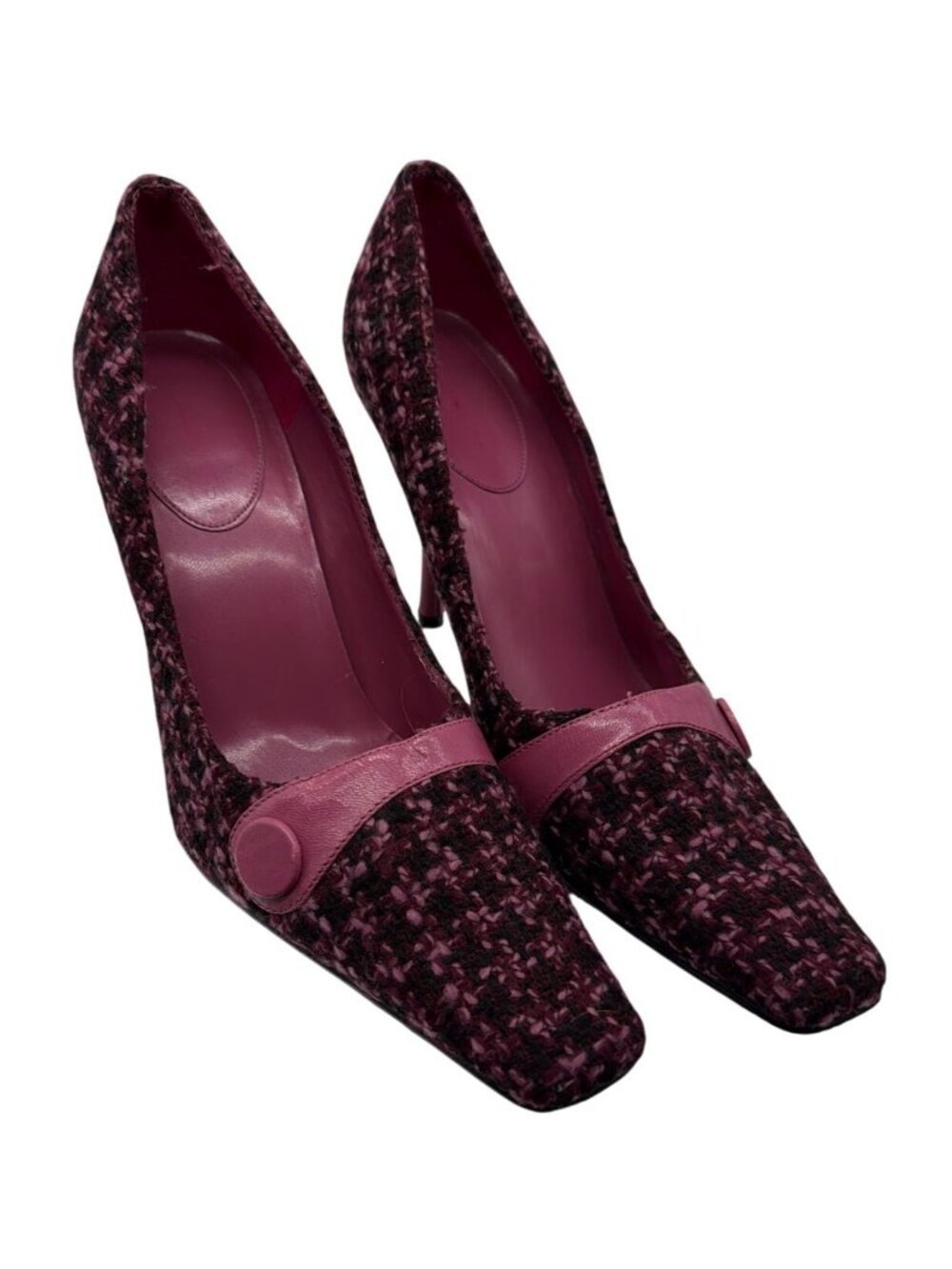 Vintage Bandolino Tweed Burgundy & Pink Pointed-Toe Heels With Button Accent